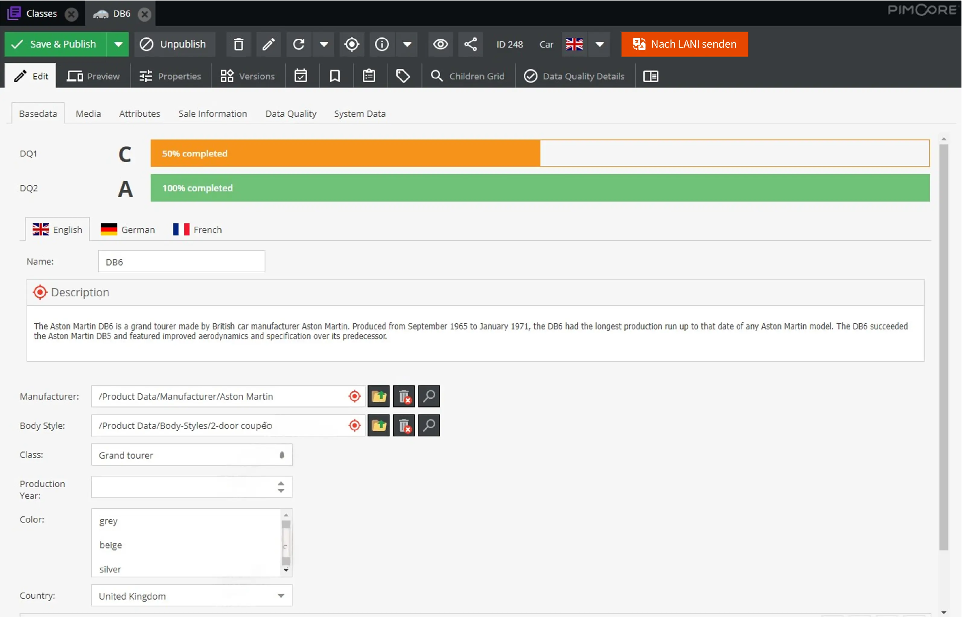 Pimcore Backend mit Nach LANI senden Button