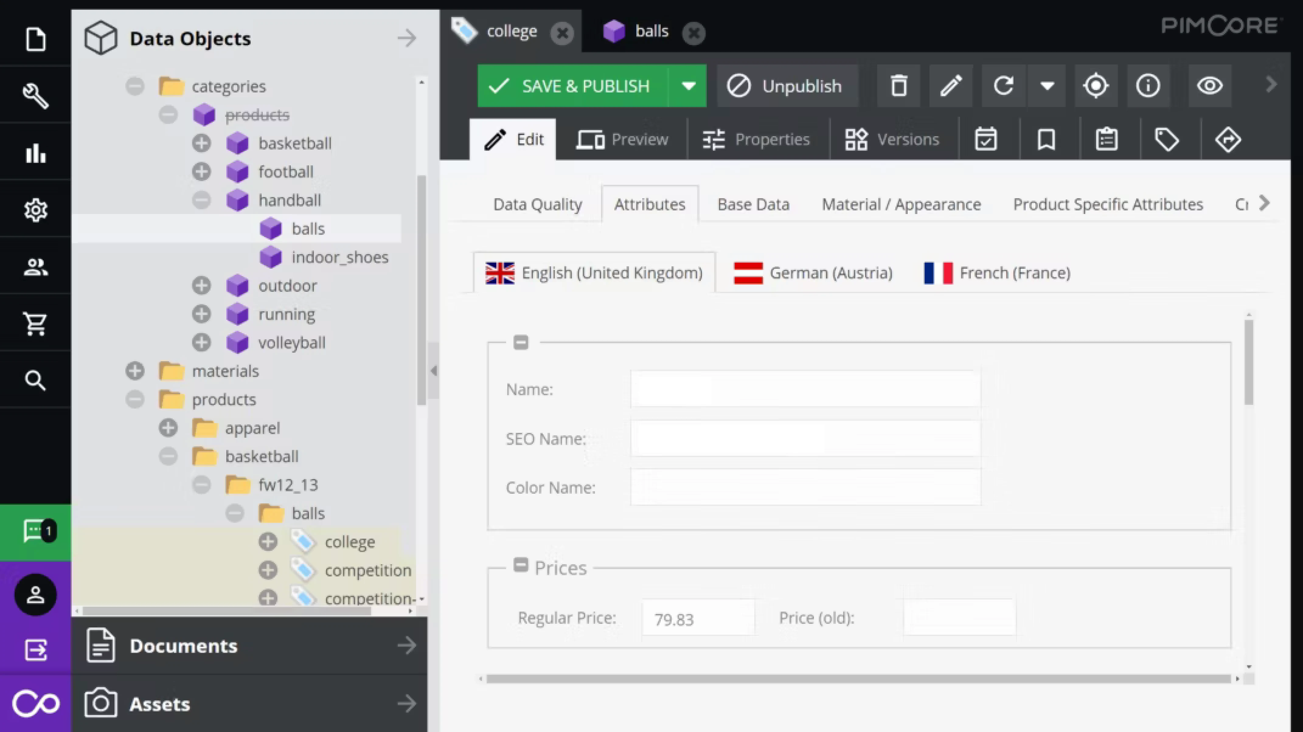Pimcore Backend mit leeren Übersetzungsfeldern im English-Tab