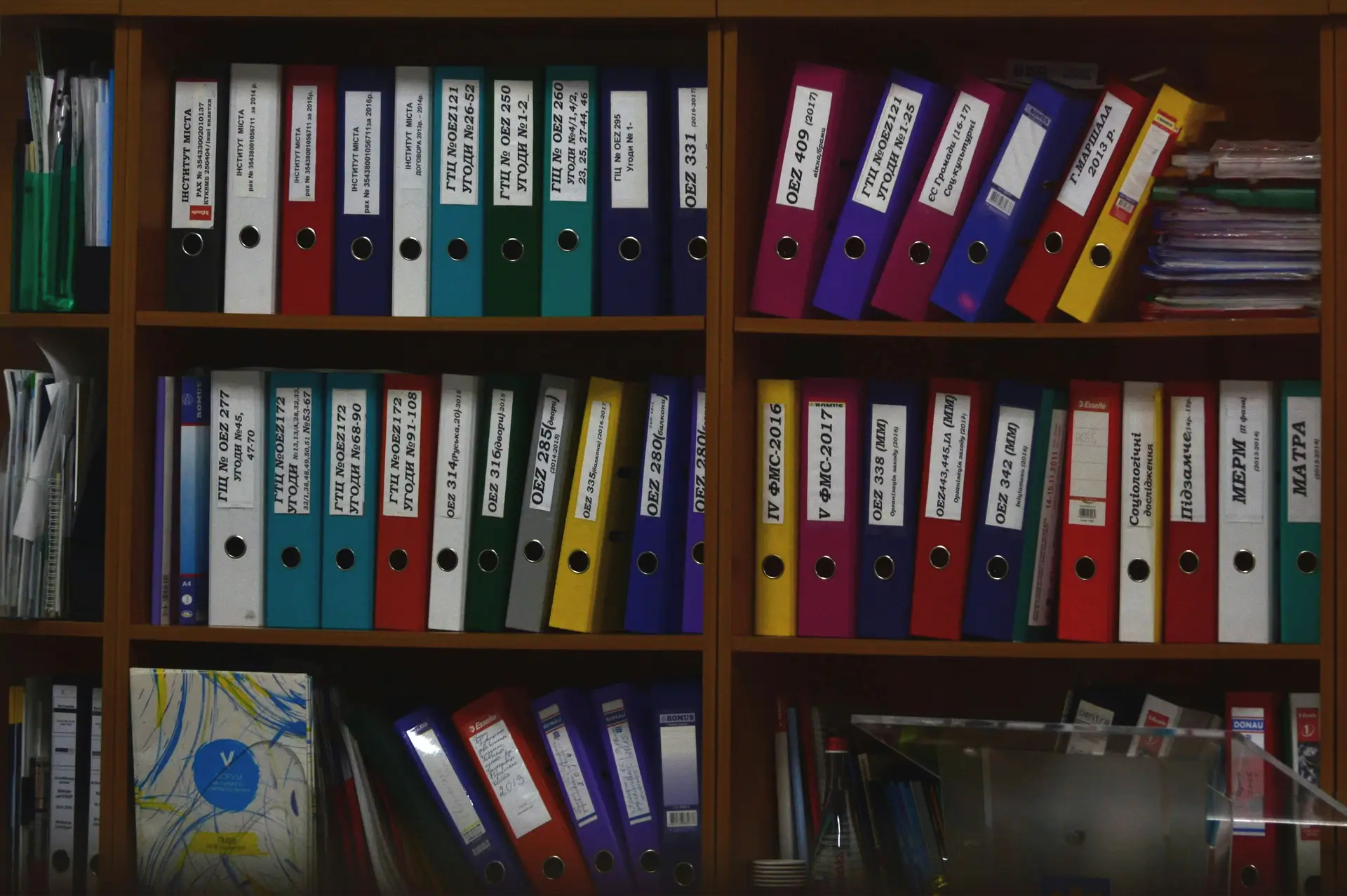 Person entnimmt einen Ordner aus einem Dokumentenarchiv in einem hellen Büro